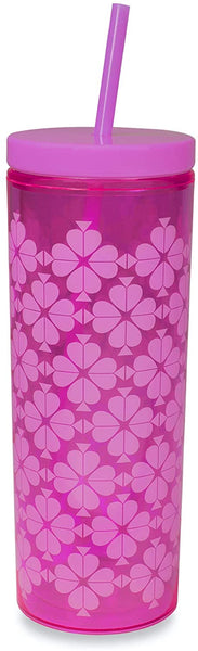 KATE SPADE TUMBLER WITH STRAW, NEON PINK SPADE FLOWERS