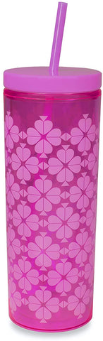 KATE SPADE TUMBLER WITH STRAW, NEON PINK SPADE FLOWERS